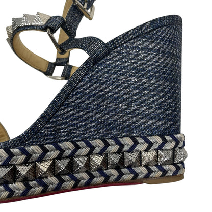 Christian Louboutin Lame Lux Pyraclou 110 Denim Wedge Sandal Blue Size 41