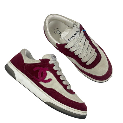 Chanel CC Logo Suede Kidskin Lace Up Sneakers Burgundy 2023 Size 36.5