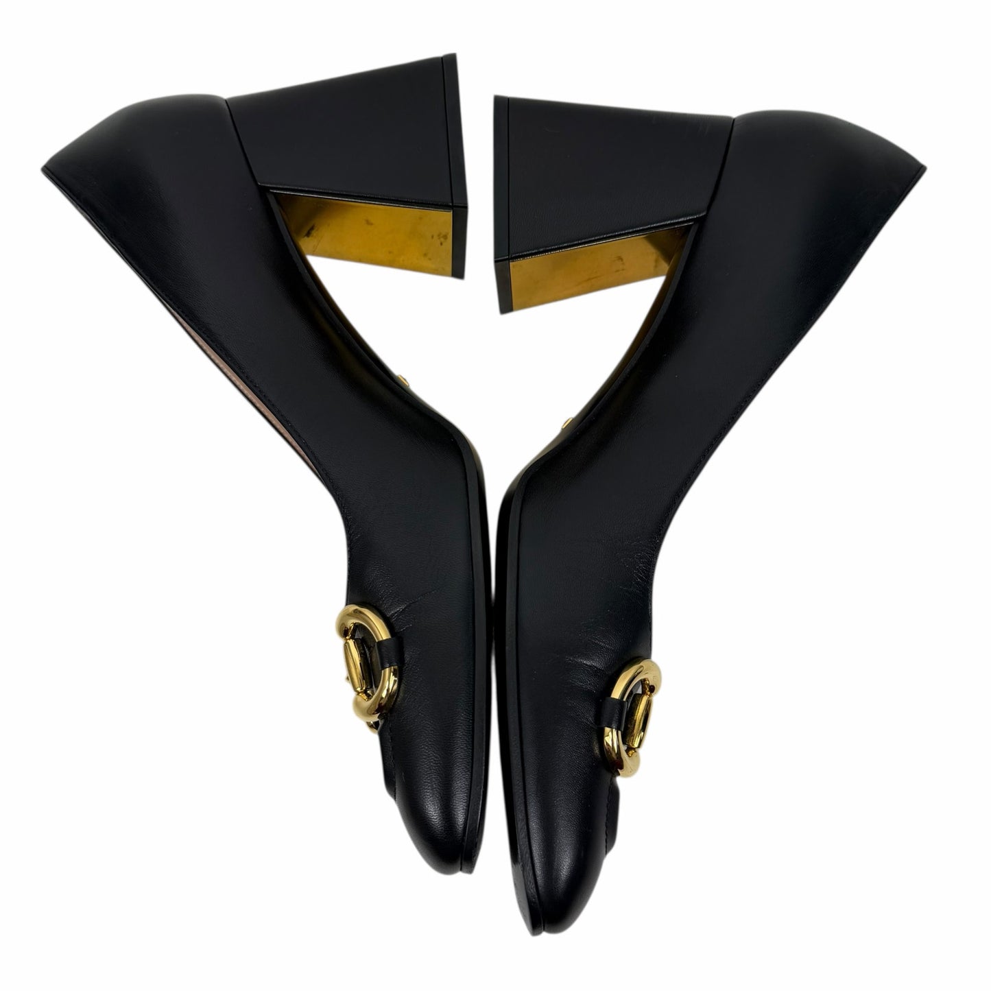 Gucci Horsebit Square Toe Leather Pump Block Heel Black Gold Size 41