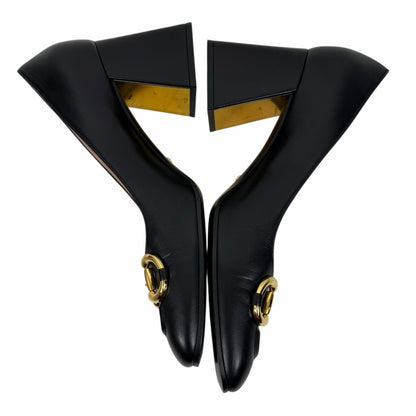 Gucci Horsebit Square Toe Leather Pump Block Heel Black Gold Size 41