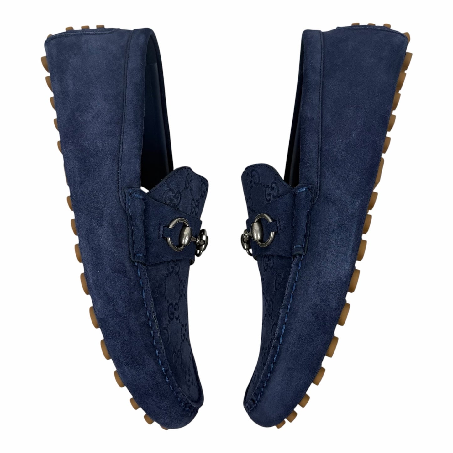 Gucci Byorn Guccisima Horsebit Suede Driver Loafer Blue Size 11/US 11.5