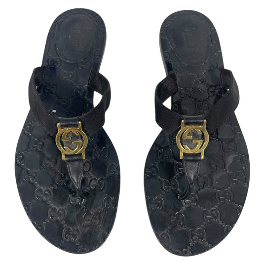 Gucci Interlocking GG Logo Thong Sandal Slide Black Gold Size 41
