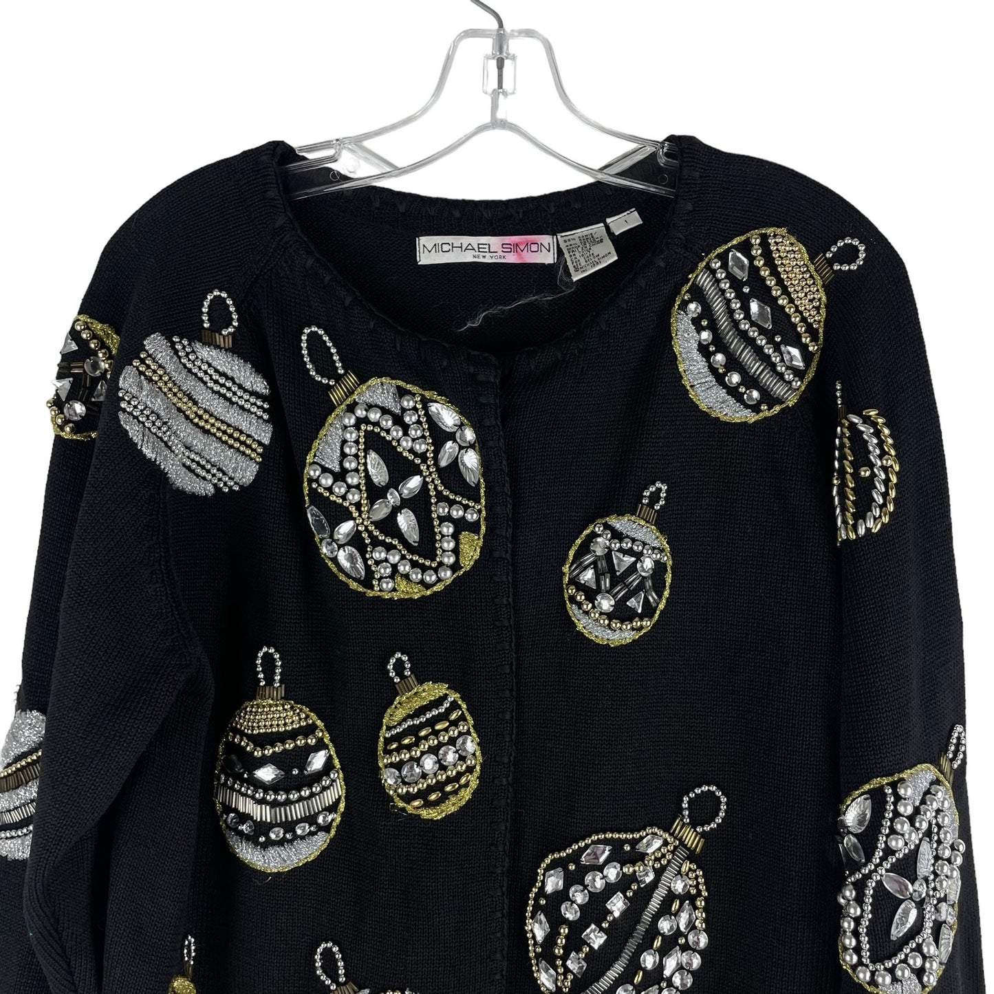 Michael Simon 1991 Christmas Ornaments Cardigan Black Ugly Sweater Size M