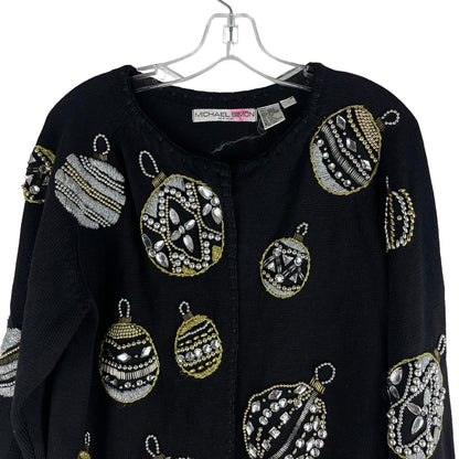 Michael Simon 1991 Christmas Ornaments Cardigan Black Ugly Sweater Size M