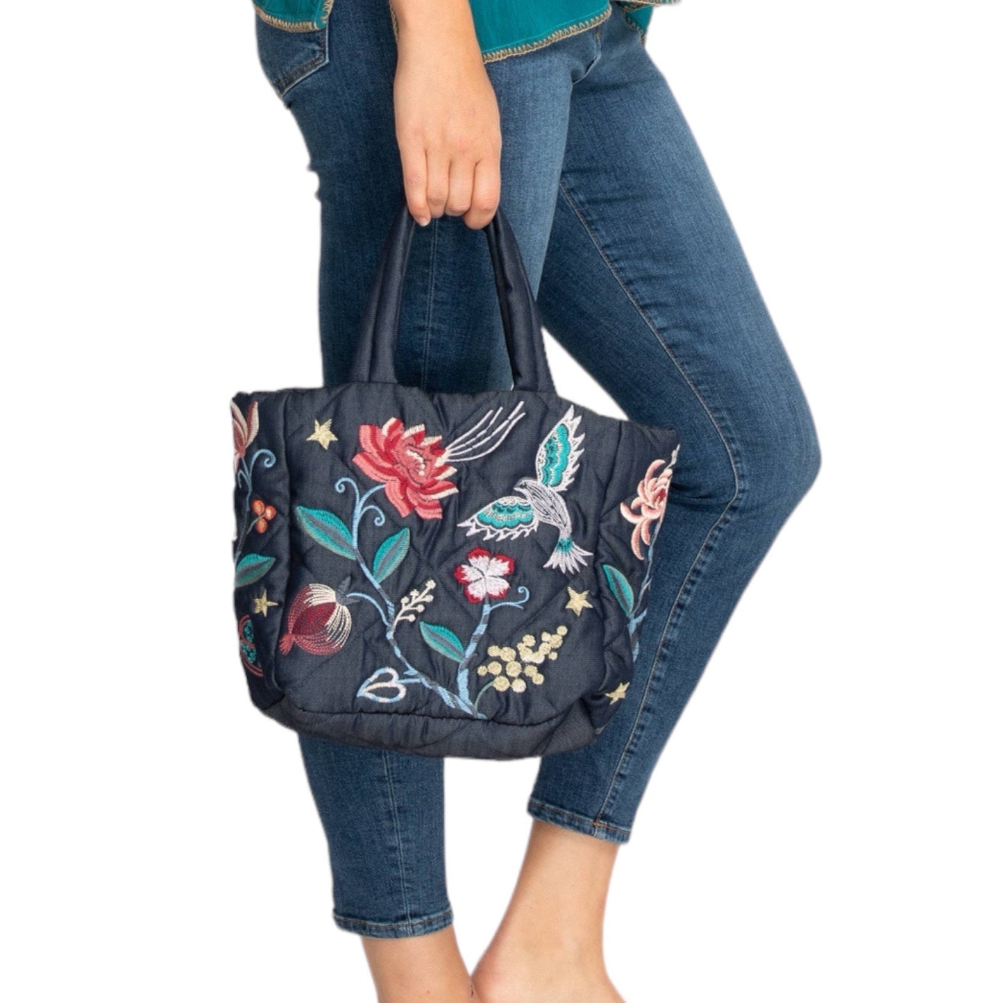 Johnny Was Viola Denim Quilted Tote Bag Embroidered Blue