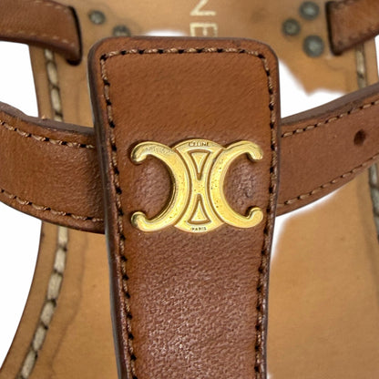Celine Triomphe Thong Leather Flat Sandal Ankle Strap Brown Size 36