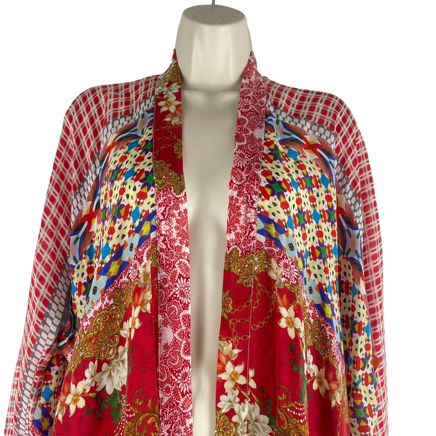 Johnny Was Dolce Mix Print Kimono Jacket Pockets Red Size XS