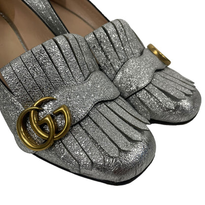 Gucci GG Marmont Pumps Silver Foil Kiltie Logo Low Block Heel Size 36