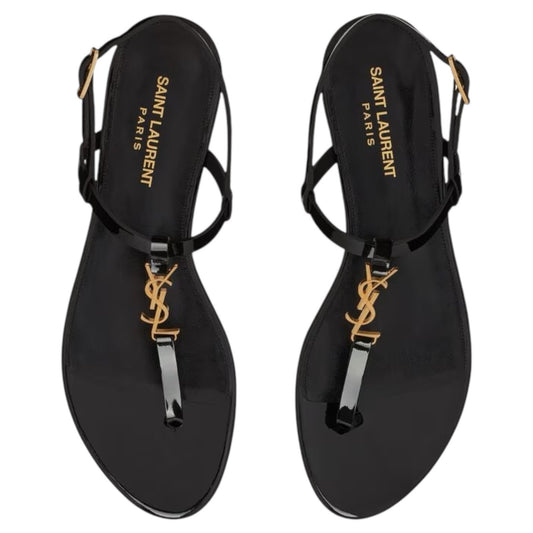 Saint Laurent Cassandra Patent YSL Thong Slide Sandal Black Gold Size 39.5