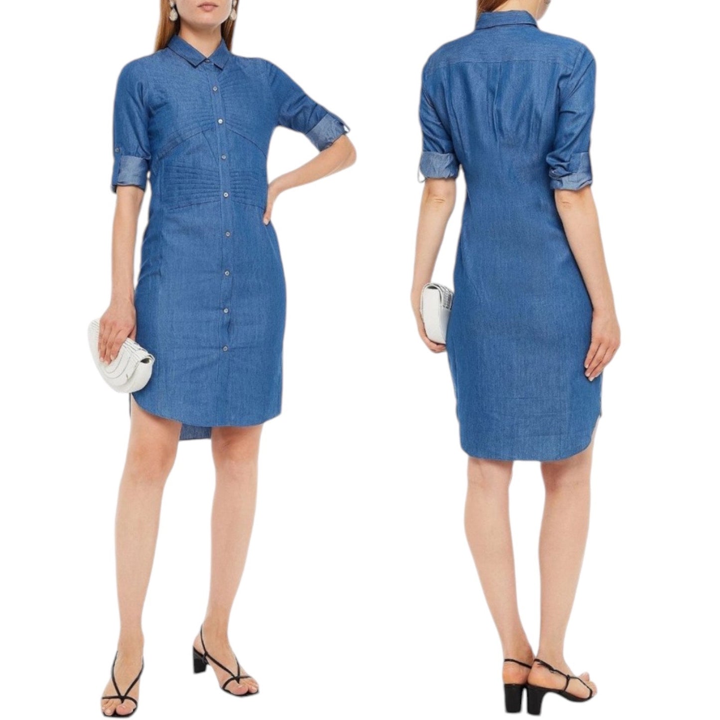 Halston Heritage Pintuck Chambray Shirt Dress Denim Blue Size 2