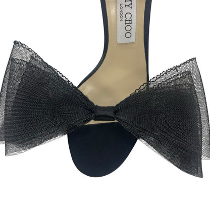 Jimmy Choo Aveline 100 Black Sandal Grosgrain Mesh Fasincator Bow Size 39
