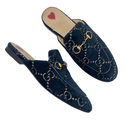 Gucci Princetown Horsebit GG Velvet Slipper Mules Navy Blue Size 38