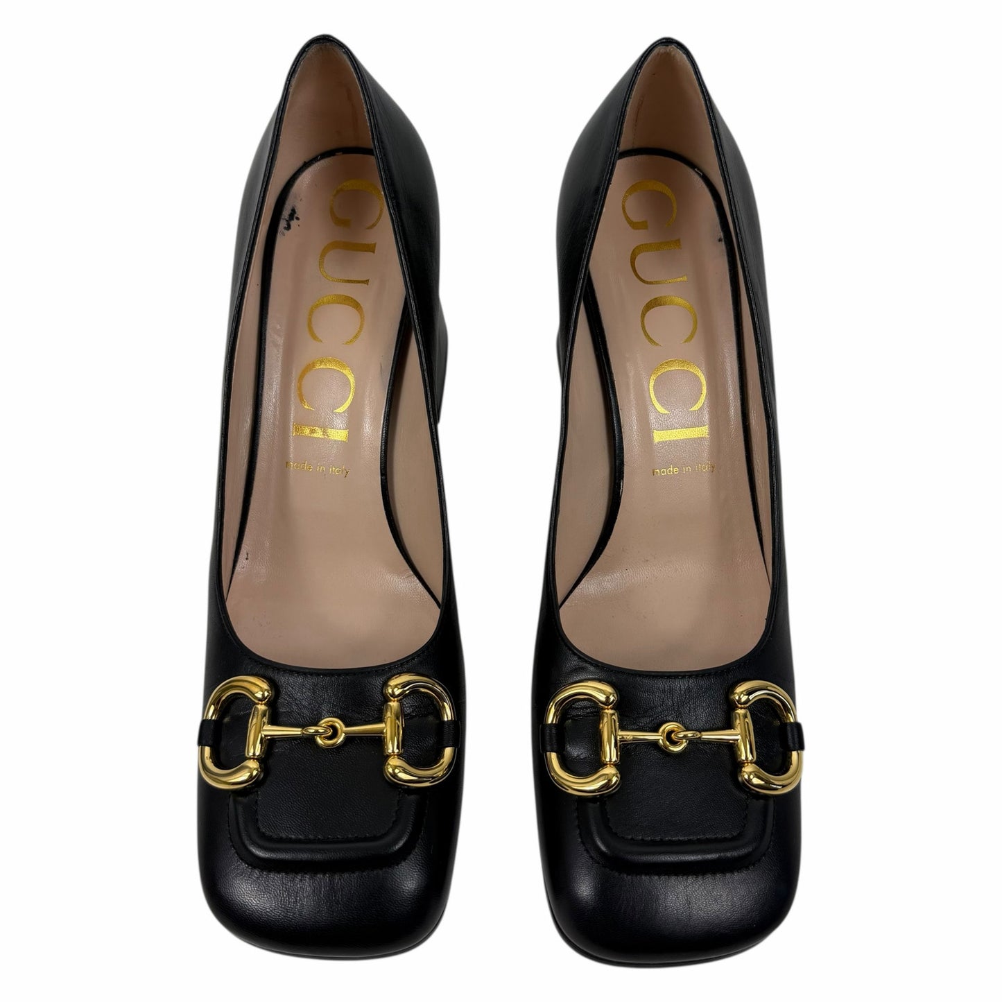 Gucci Horsebit Square Toe Leather Pump Block Heel Black Gold Size 41
