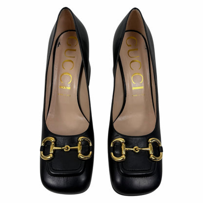 Gucci Horsebit Square Toe Leather Pump Block Heel Black Gold Size 41