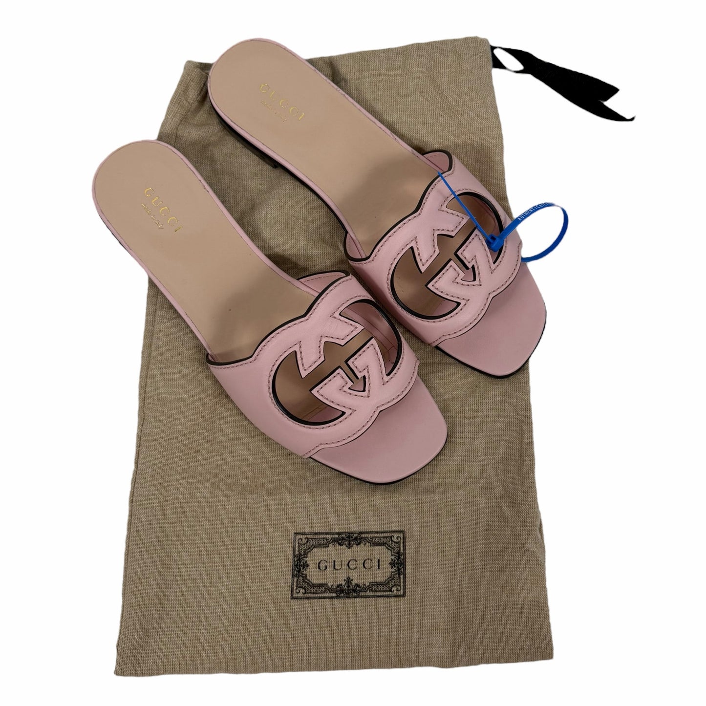 Gucci Interlocking G Cutout Leather Slide Flat Sandal Pink Size 37.5