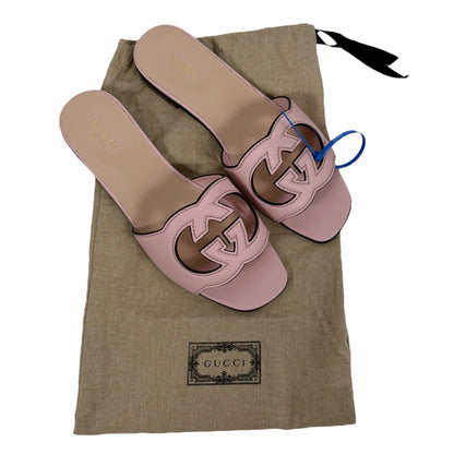 Gucci Interlocking G Cutout Leather Slide Flat Sandal Pink Size 37.5