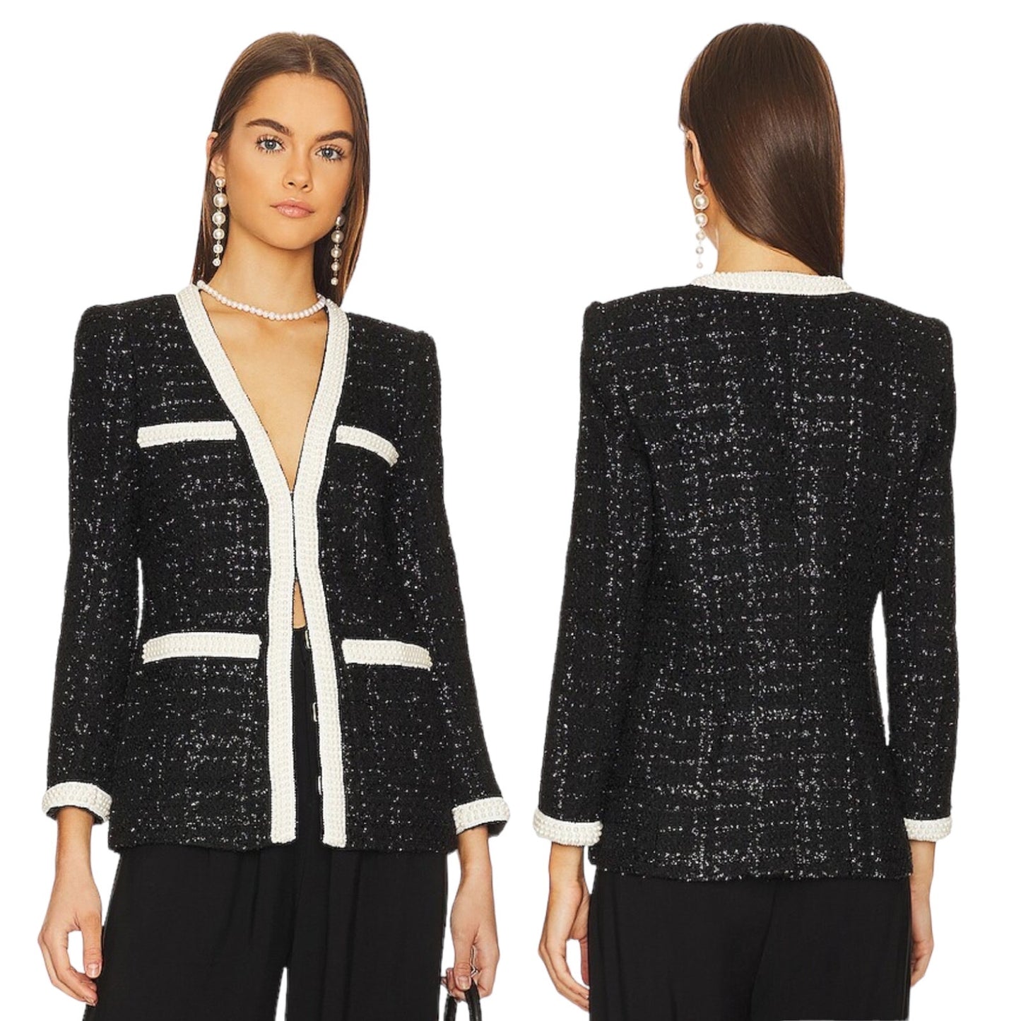 Veronica Beard Kemsley Pearl Embellsihed Tweed Wool Jacket Black Size 00