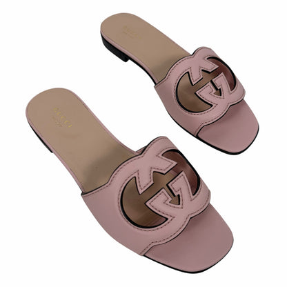 Gucci Interlocking G Cutout Leather Slide Flat Sandal Pink Size 37.5
