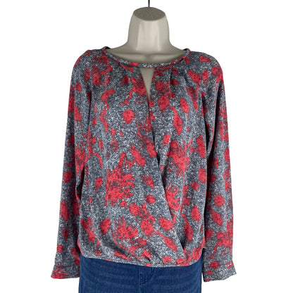 Yoana Baraschi Printed Faux Wrap Top Blouse Long Sleeve Gray Red Size S/M