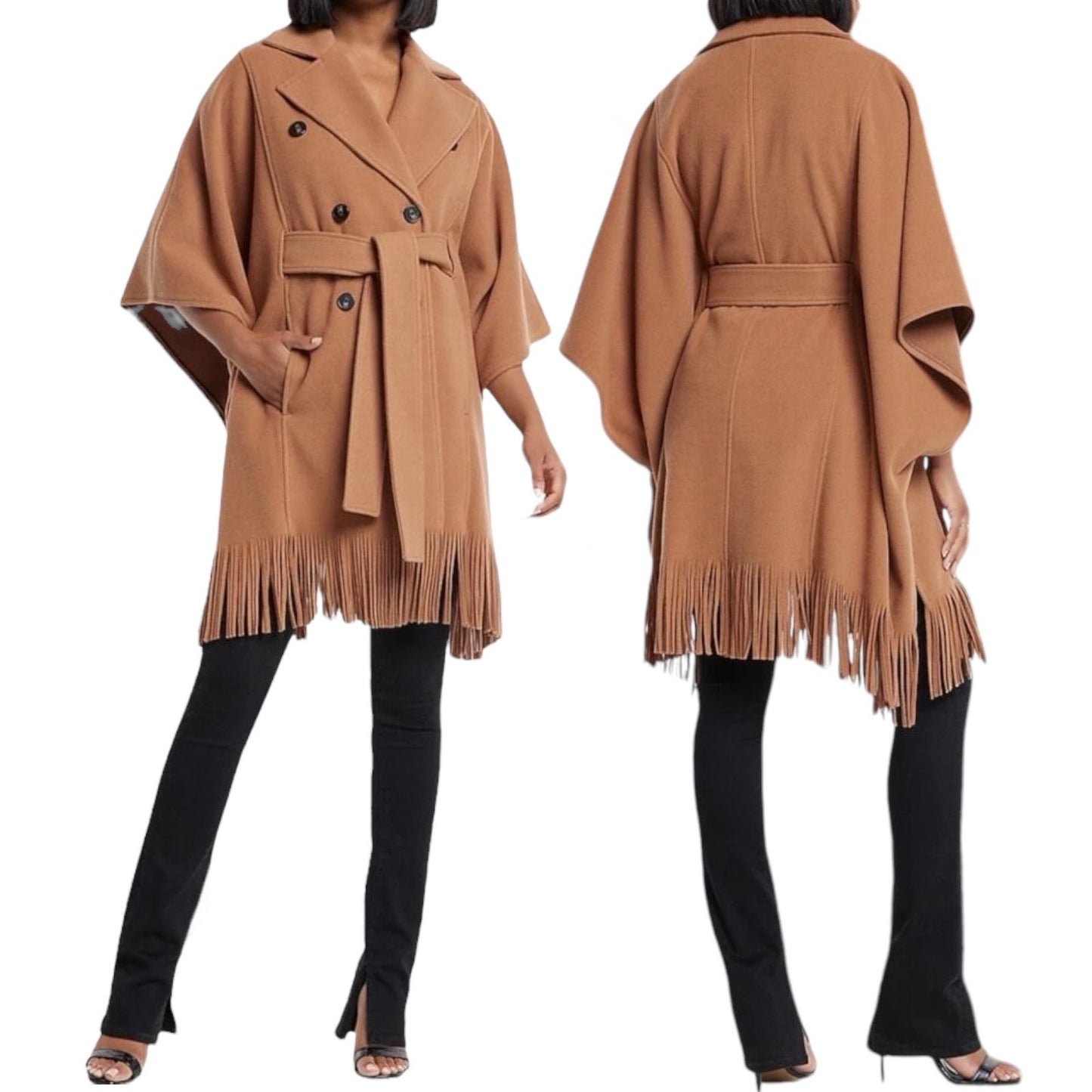 Express Fringe Belted Cape Poncho Coat Butterscotch Camel Size M/L