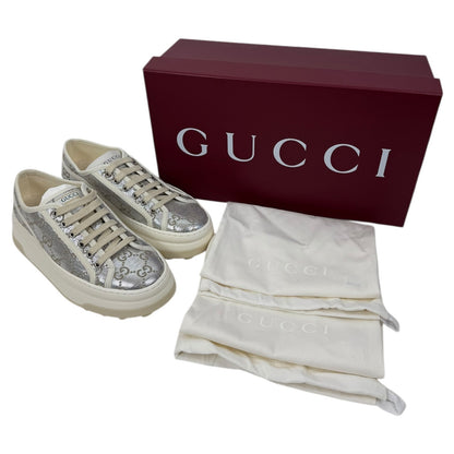 Gucci Tennis 1977 Treck GG Monogram Flatform Sneaker Silver Size 36