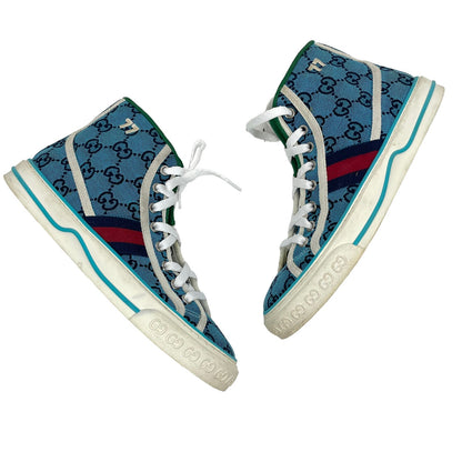 Gucci Tennis 1977 High Top Sneakers Turquoise Navy Logo Monogram Size 37