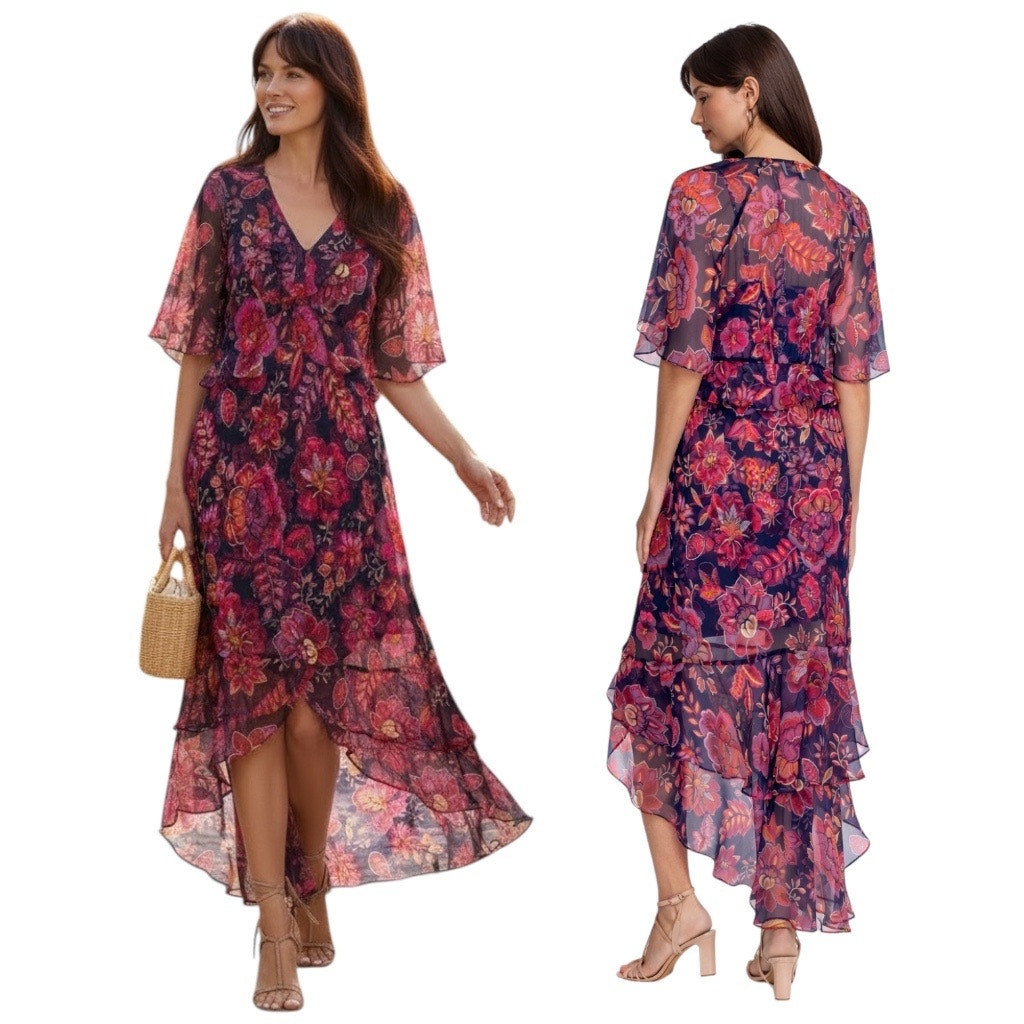 Johnny Was Jade Luxee Floral Silk Ruffle Maxi Dress Petria Pink Size XS