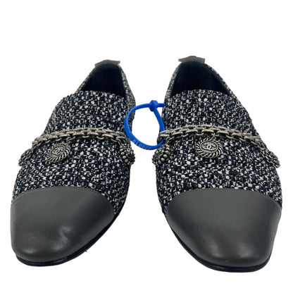 Chanel Tweed Lambskin Cap Toe Charm Smoking Loafers Blue Gray Size 40.5