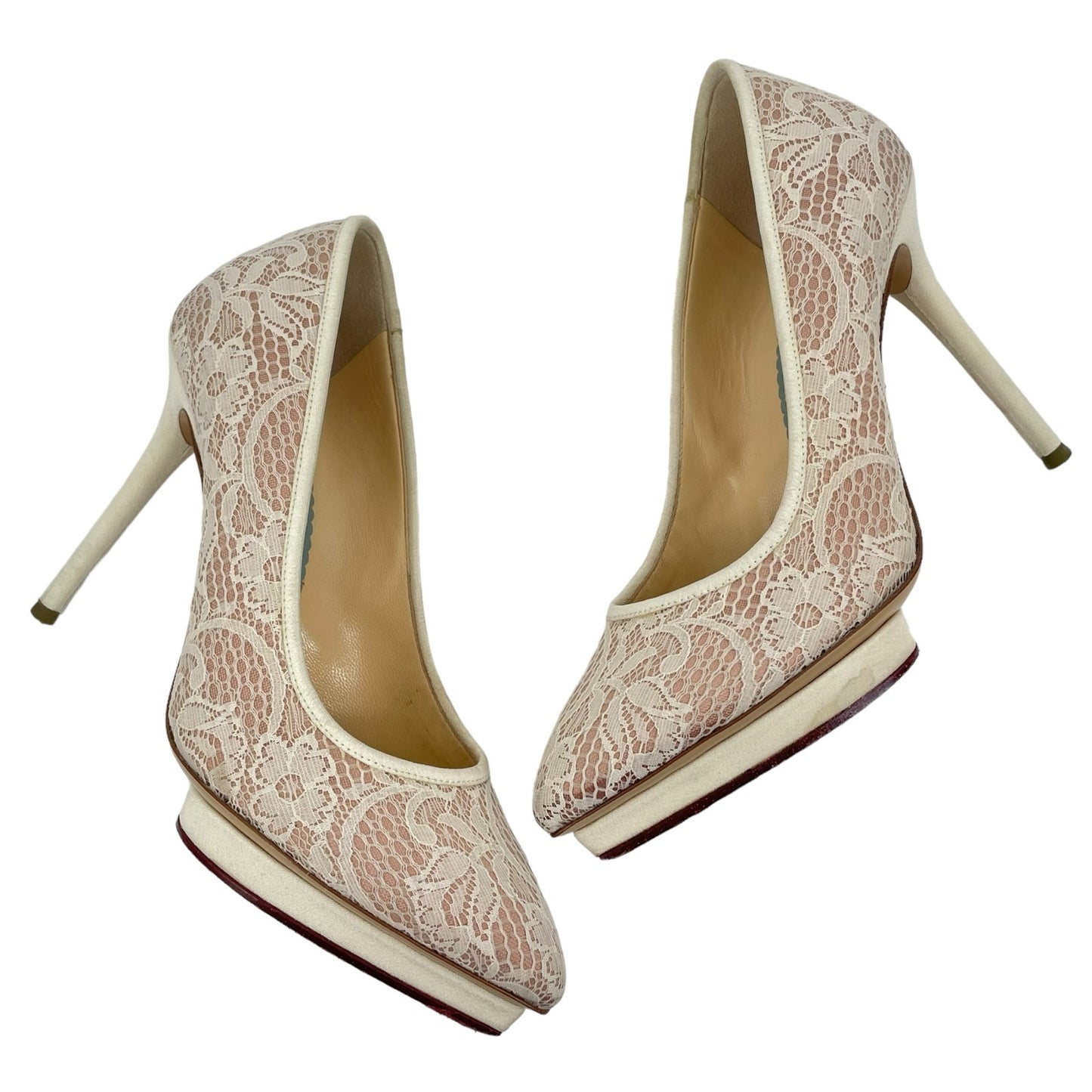 Charlotte Olympia Cream Lace Monroe Pointed Toe Pumps Bridal Shoes Size 37.5