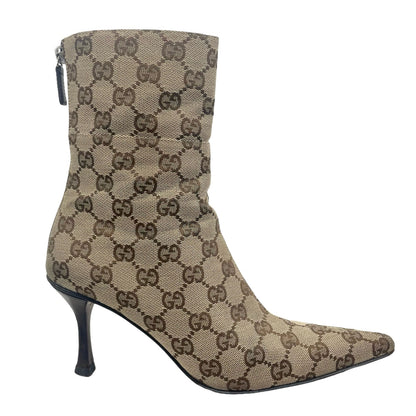 Gucci Brown Beige GG Monogram Ankle Boots Pointed Toe Size 36C