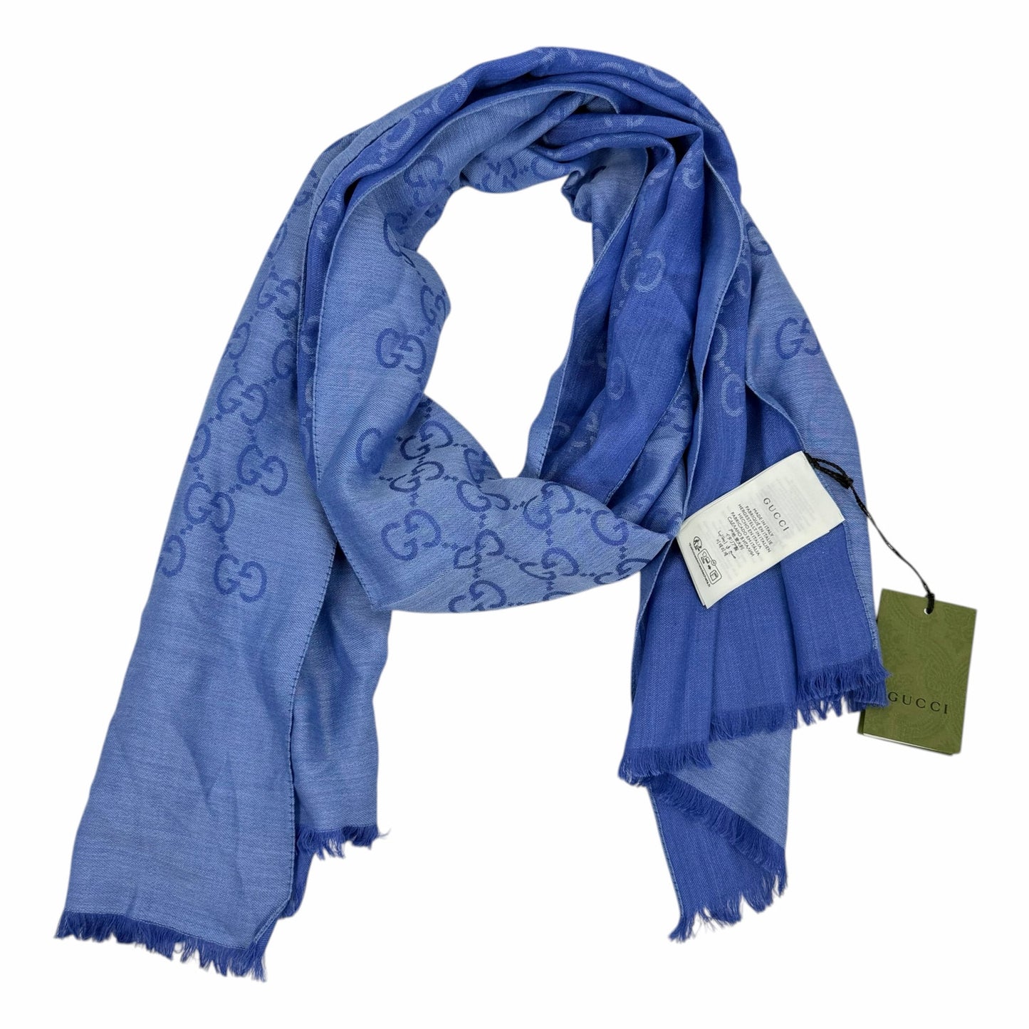 Gucci Wool Silk GG Monogram Light Jacquard Scarf Two Tone Blue