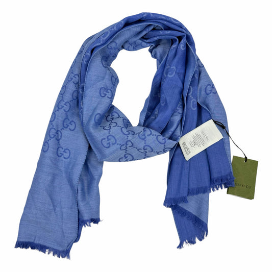 Gucci Wool Silk GG Monogram Light Jacquard Scarf Two Tone Blue