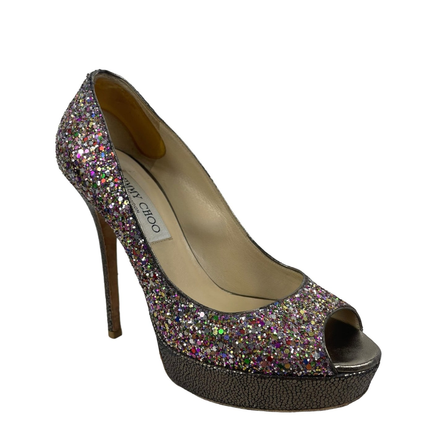 Jimmy Choo Rainbow Glitter Peep Toe Platform Pumps Size 37