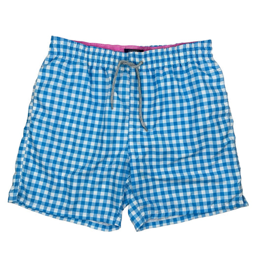 Michaels Swimwear Gingham Check Swim Trunk Shorts Blue White Size L