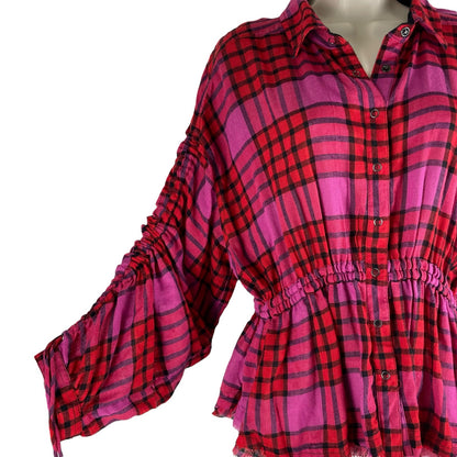 Free People Pacific Dawn Wool Plaid Shirt Red Pink Drawstring Size S