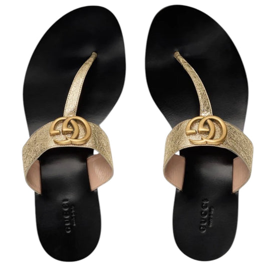Gucci Leather Thong Sandals with Double GG Logo Metallic Gold Size 42