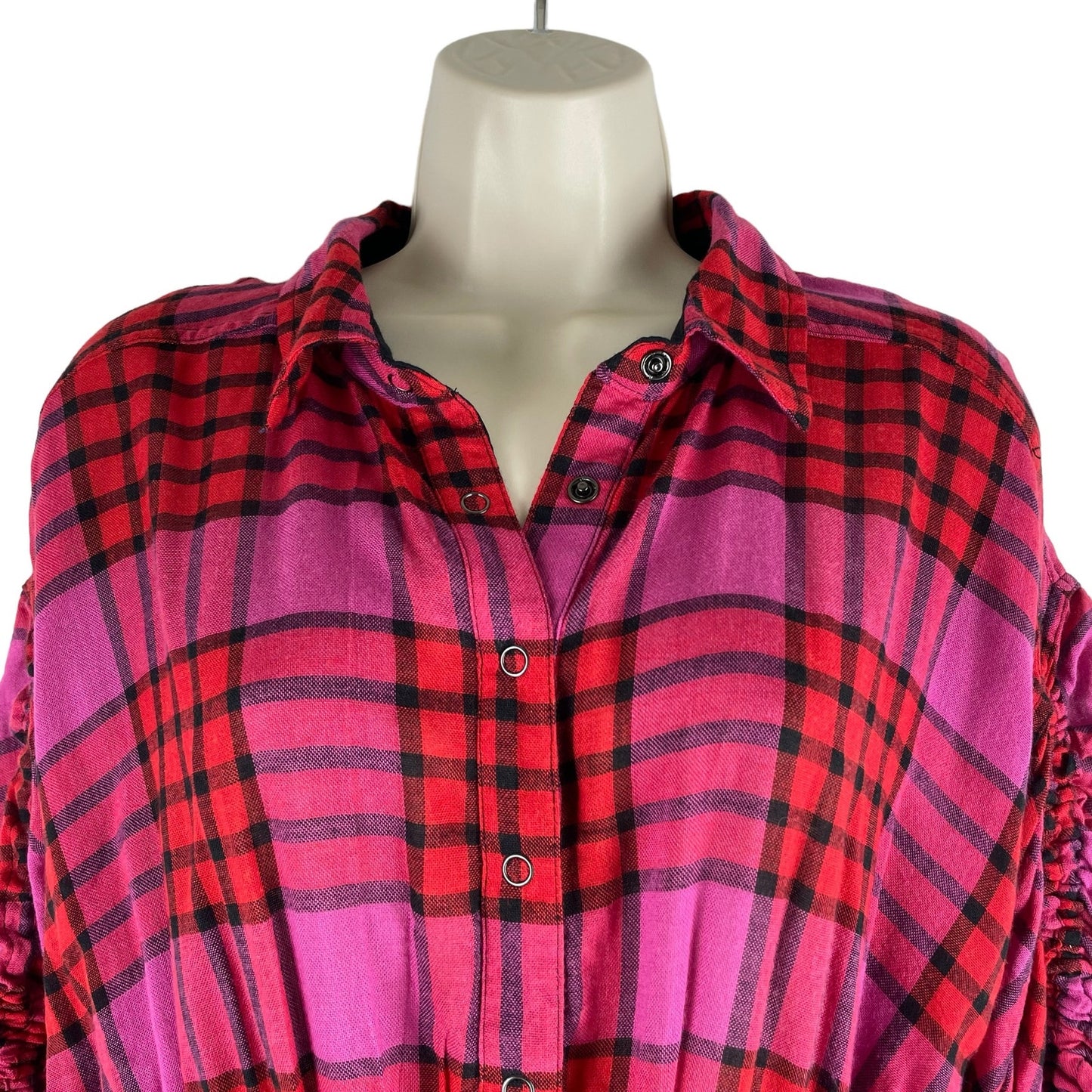 Free People Pacific Dawn Wool Plaid Shirt Red Pink Drawstring Size S