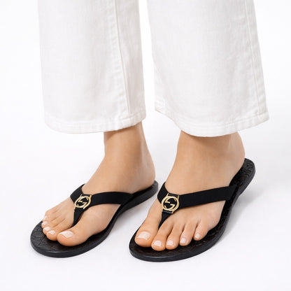 Gucci Interlocking GG Logo Thong Sandal Slide Black Gold Size 41