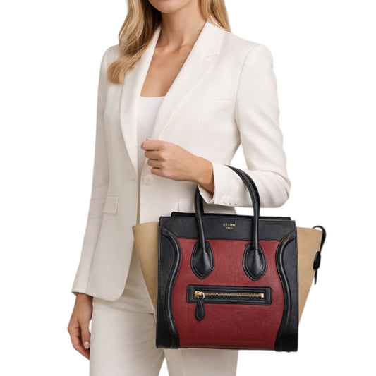 Celine Tricolor Mini Luggage Tote Bag Calf Leather Suede Rust Red Black