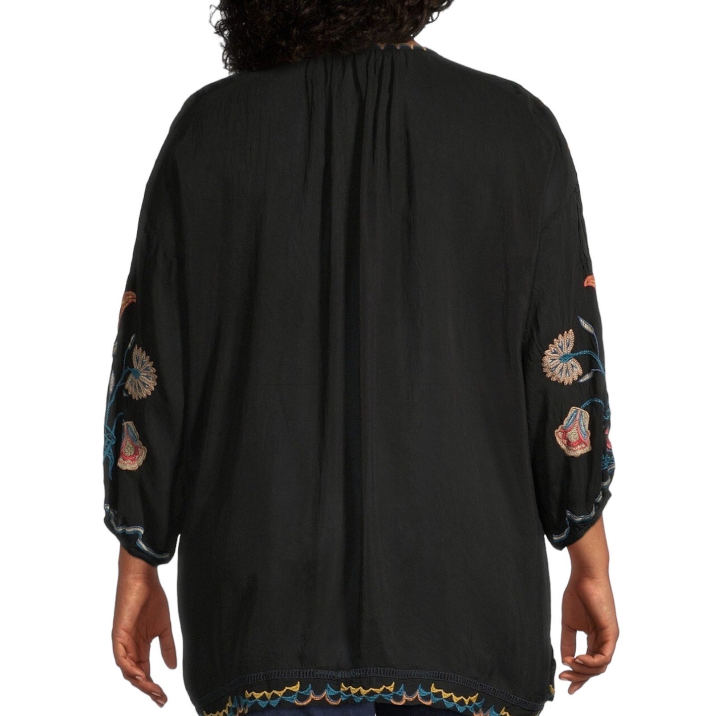 Johnny Was Mayson Floral Embroidered Tunic Top Black Size L