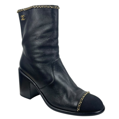 Chanel Coco Mark Logo Cap Toe Chain Short Leather Boots Black Size 39