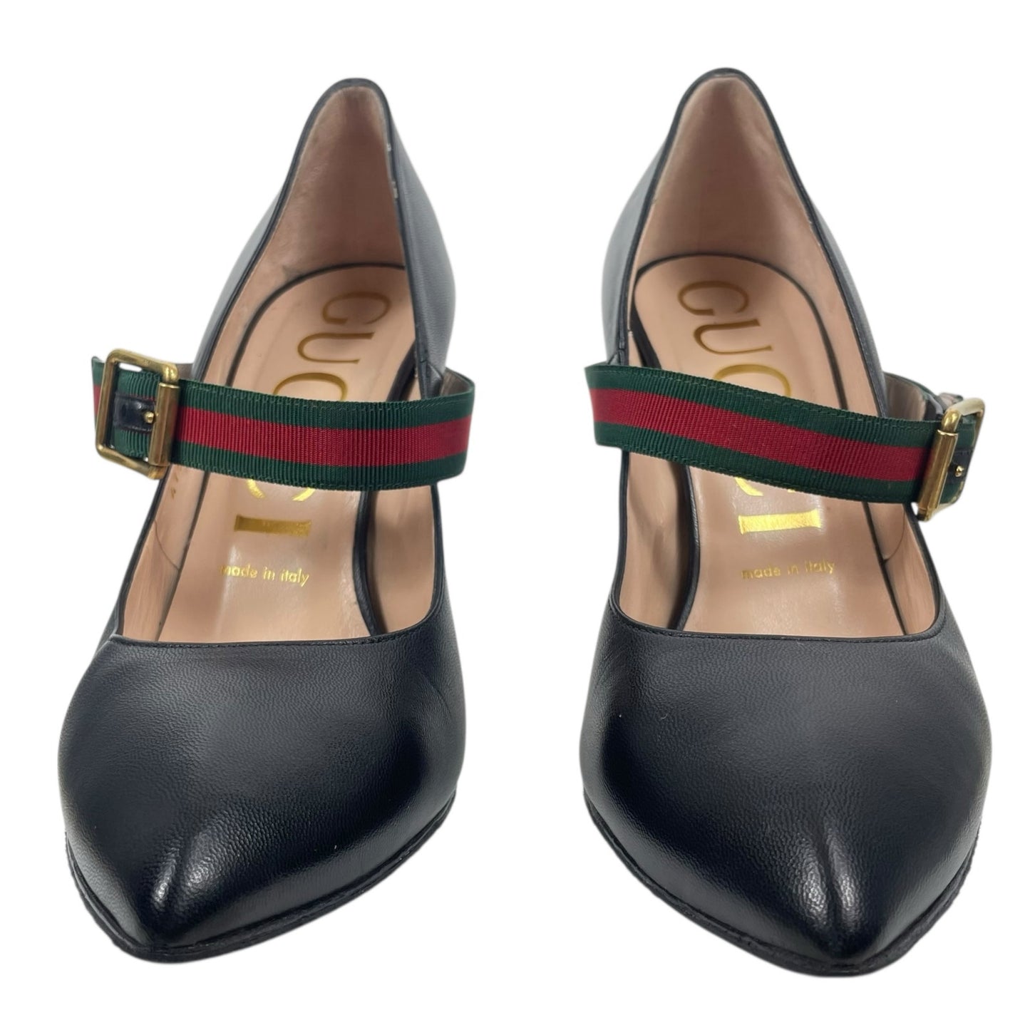 Gucci Malaga Kid Sylvie Mary Jane Web Pumps Black Leather Size 38.5