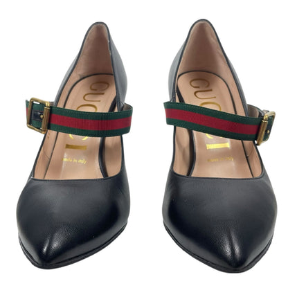 Gucci Malaga Kid Sylvie Mary Jane Web Pumps Black Leather Size 38.5