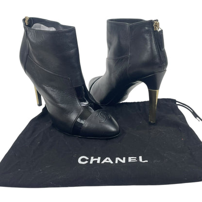 Chanel CC Logo Cap Toe Lamb Leather Heel Ankle Boots Black Size 38
