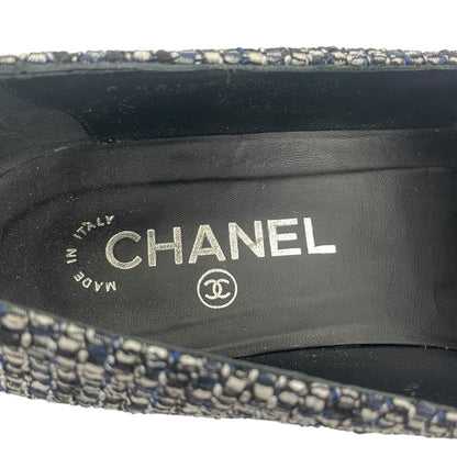 Chanel Tweed Lambskin Cap Toe Charm Smoking Loafers Blue Gray Size 40.5