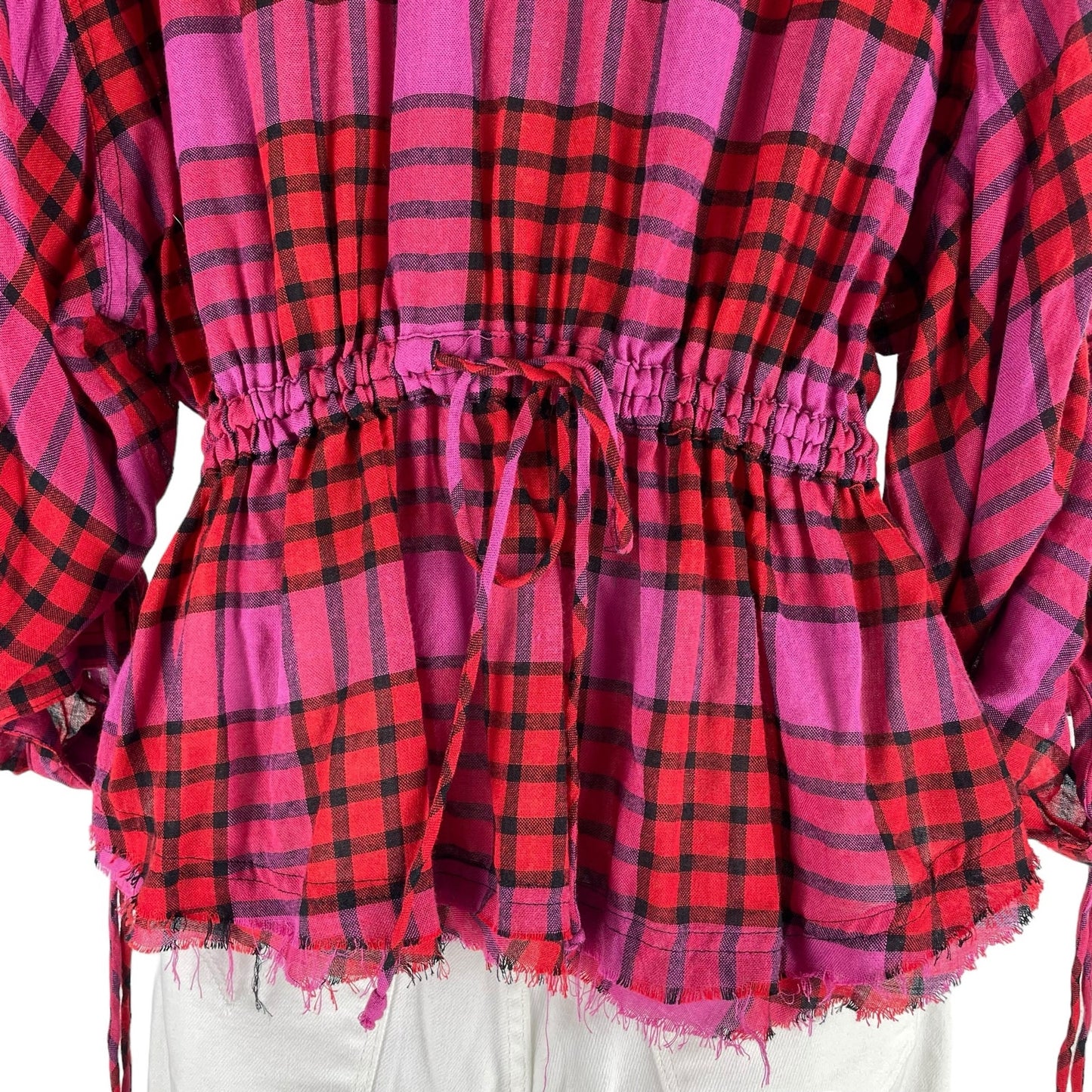 Free People Pacific Dawn Wool Plaid Shirt Red Pink Drawstring Size S