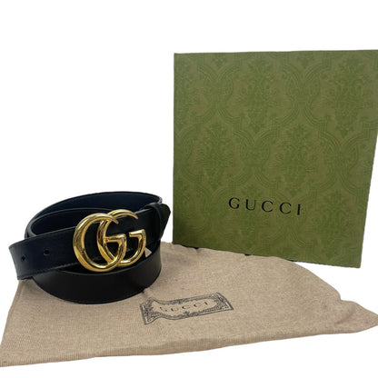 Gucci GG Marmot 30mm Thin Leather Belt Black Gold Buckle Men Size 105/42