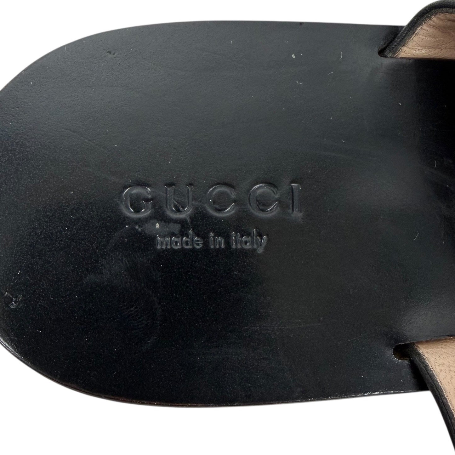 Gucci Black Leather Thong Sandal Gold Double G Logo Size 38.5