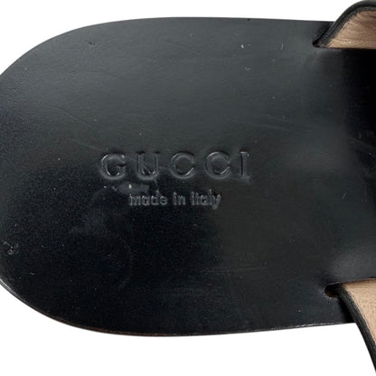 Gucci Black Leather Thong Sandal Gold Double G Logo Size 38.5