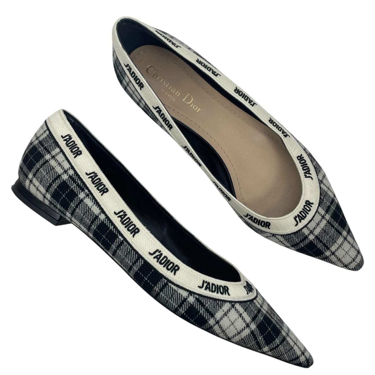 Christian Dior J'adior Embroider Tartan Print Pointed Toe Flats Size 39.5